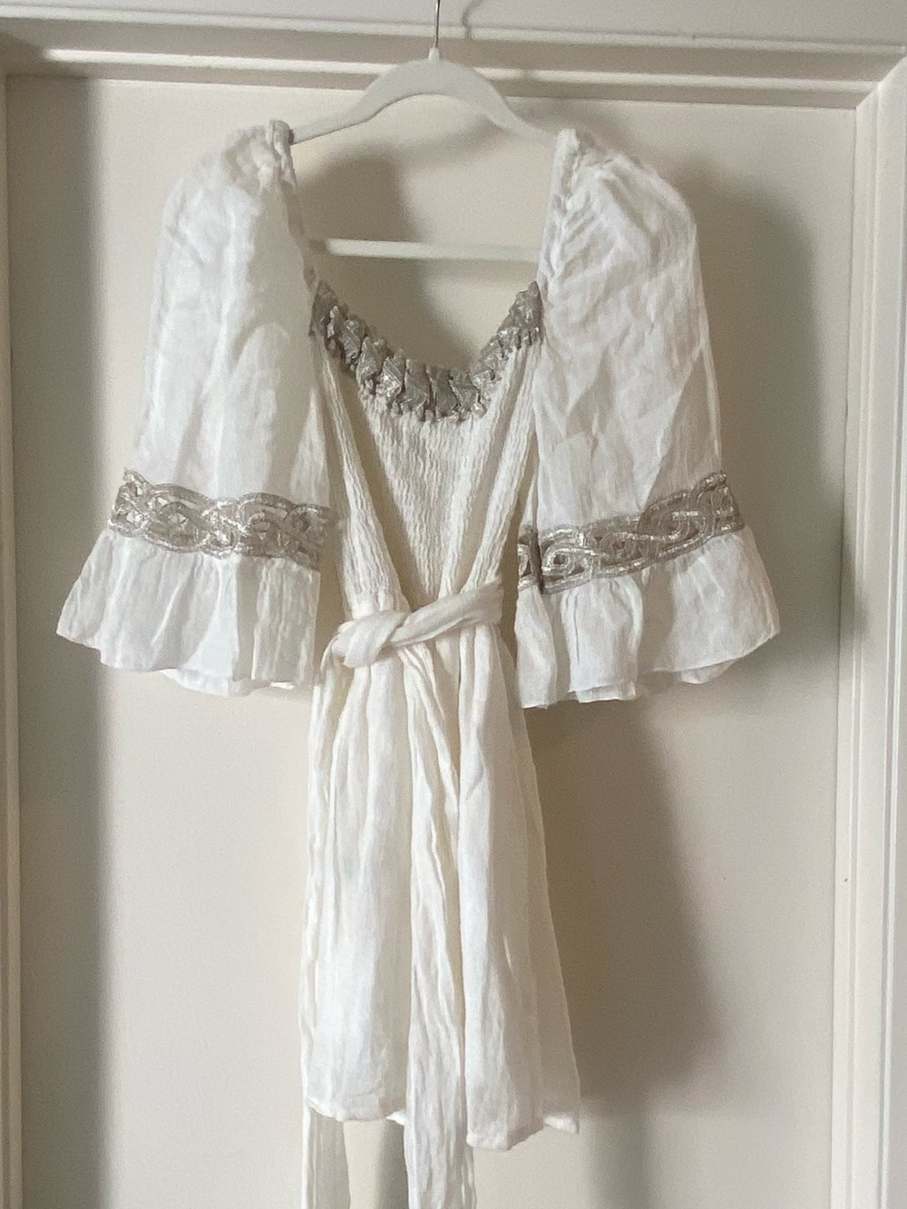 Ivory Embroidered Tie-Waist Women's dress with Silver Trim